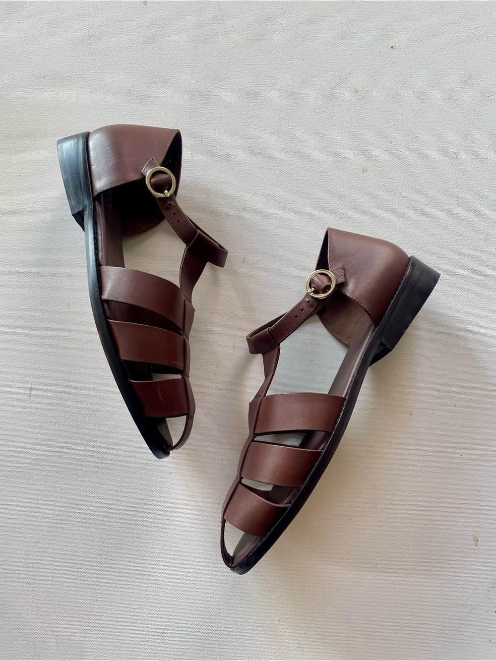 Anthropologie Brown Leather T-Strap Fisherman Flats